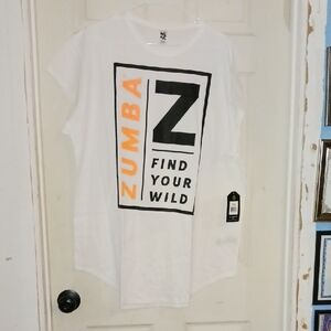 Zumba Fitness White Tee with Orange and Black Graphic